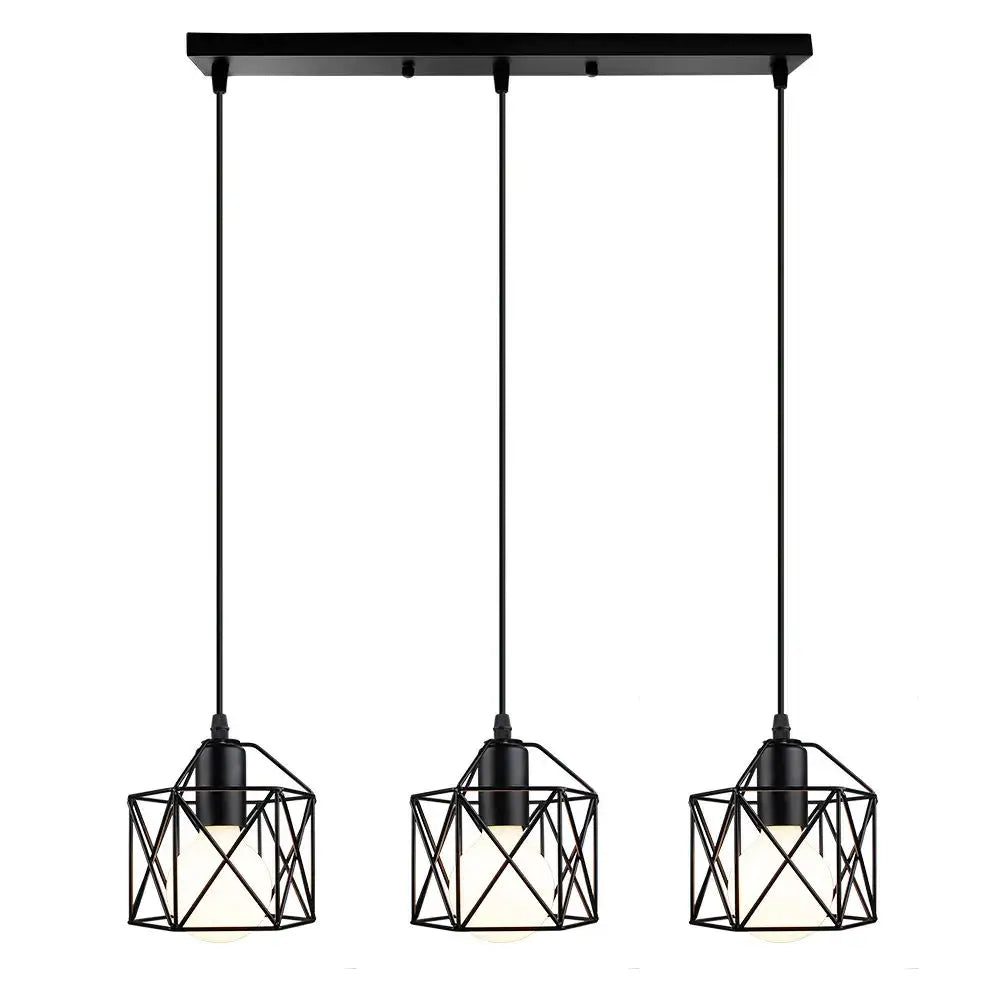 Modern industrial black cage pendant light featuring three geometric hanging cage shades for dining room decorbites cage pendant