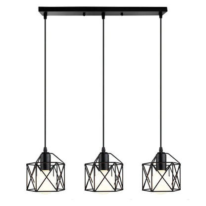 Modern industrial black cage pendant light featuring three geometric hanging cage shades for dining room decorbites cage pendant