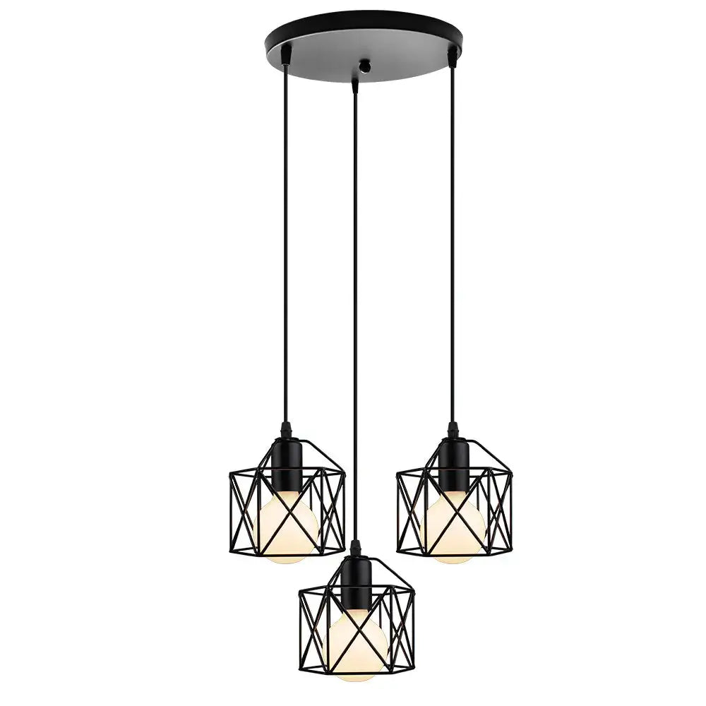 Modern industrial black cage pendant light with three cube-shaped wire shades ideal for dining room decorbites cage pendant