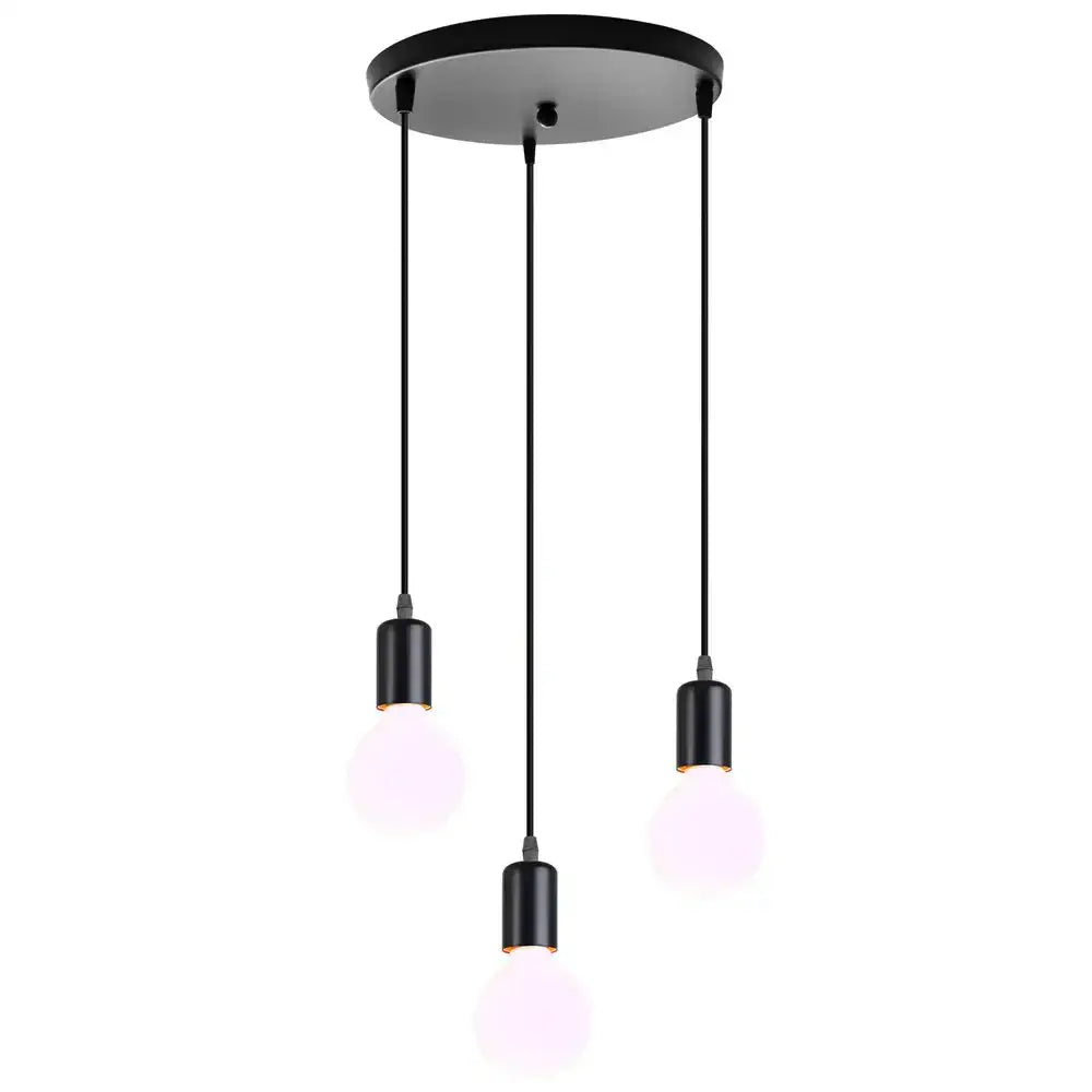 Modern industrial black cage pendant light with three hanging bulbs and circular ceiling mount for dining room decorbites cage pendant