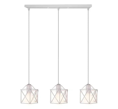White geometric pendant light fixture with three cube-shaped shades for modern industrial cage pendant light decorbites