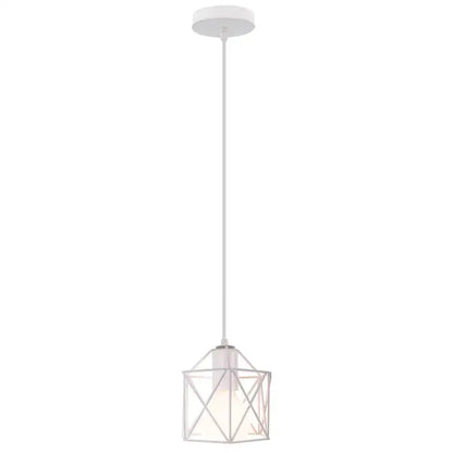 White geometric decorbites cage pendant light with minimalist metal frame and frosted glass shade for dining room decor