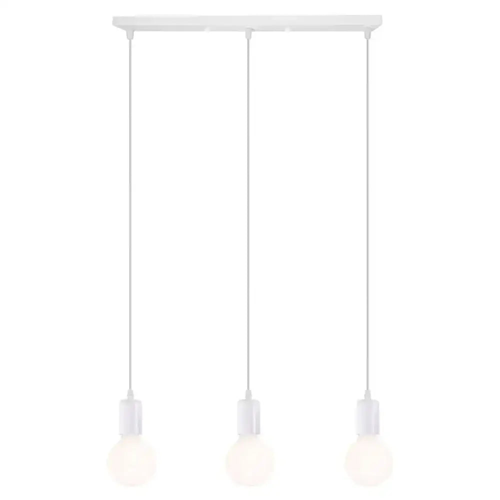 White pendant light with three hanging bulb sockets styled as a modern industrial decorbites cage pendant light
