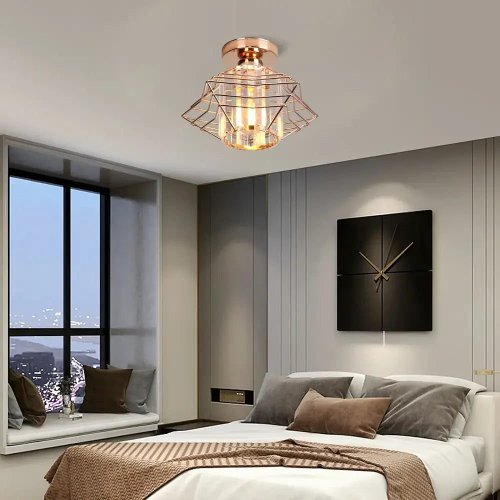 Modern industrial black crystal ceiling chandelier with copper-toned geometric wireframe and clear glass panels decorbites crystal ceiling