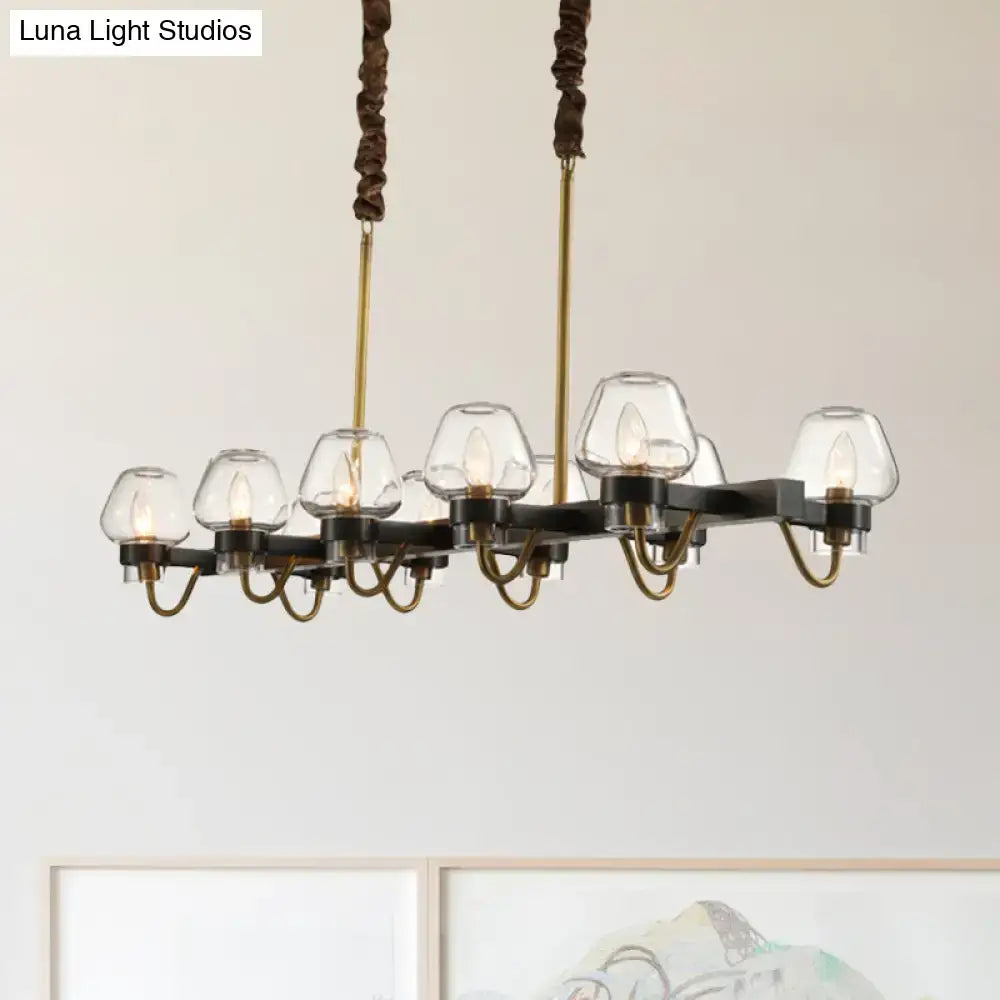 DecorBites™ modernist dome island chandelier with black metal frame, brass accents, clear glass shades, 220v-240v compatible