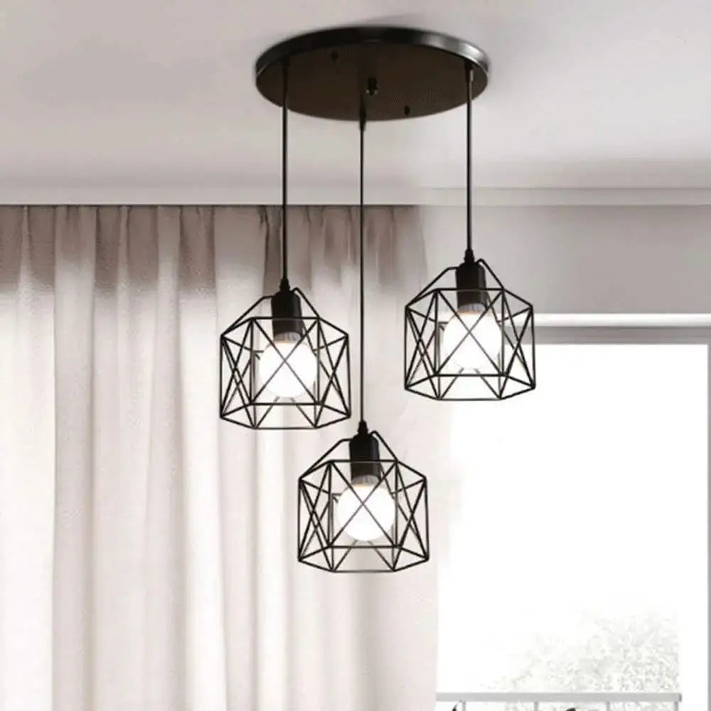 Modern industrial black metal finish pendant chandelier with geometric wireframe cages hanging from circular mount