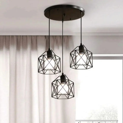 Modern industrial black metal finish pendant chandelier with geometric wireframe cages hanging from circular mount