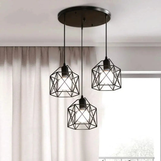 Modern industrial black metal finish pendant chandelier with geometric wireframe cages hanging from circular mount