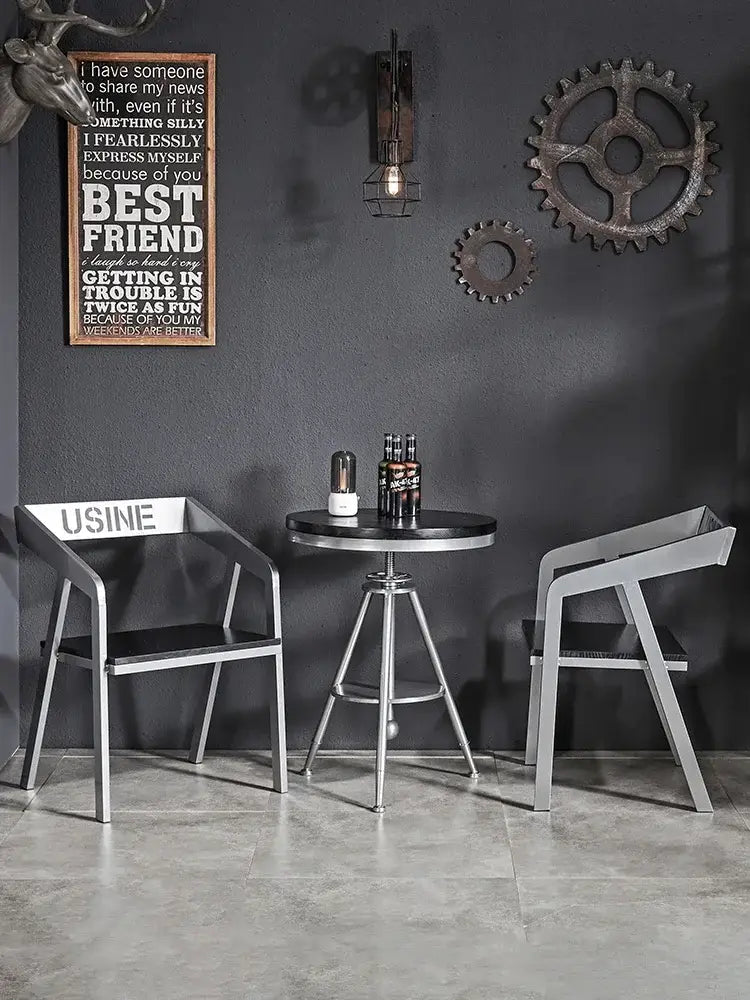 Modern industrial chrome adjustable dining chair with black iron art seat and usine logo on backrest for kitchen bar use