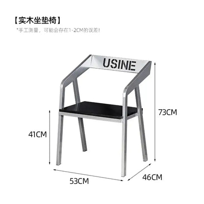 Modern industrial chrome dining chair with sleek silver iron art frame and black solid wood seat for kitchen bar use