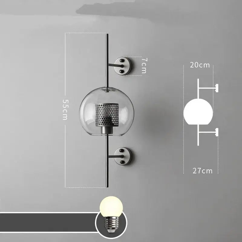 Modern industrial chrome glass wall lights featuring a minimalist black rod design with clear globe and metal mesh decorbites glass industrial wall lights