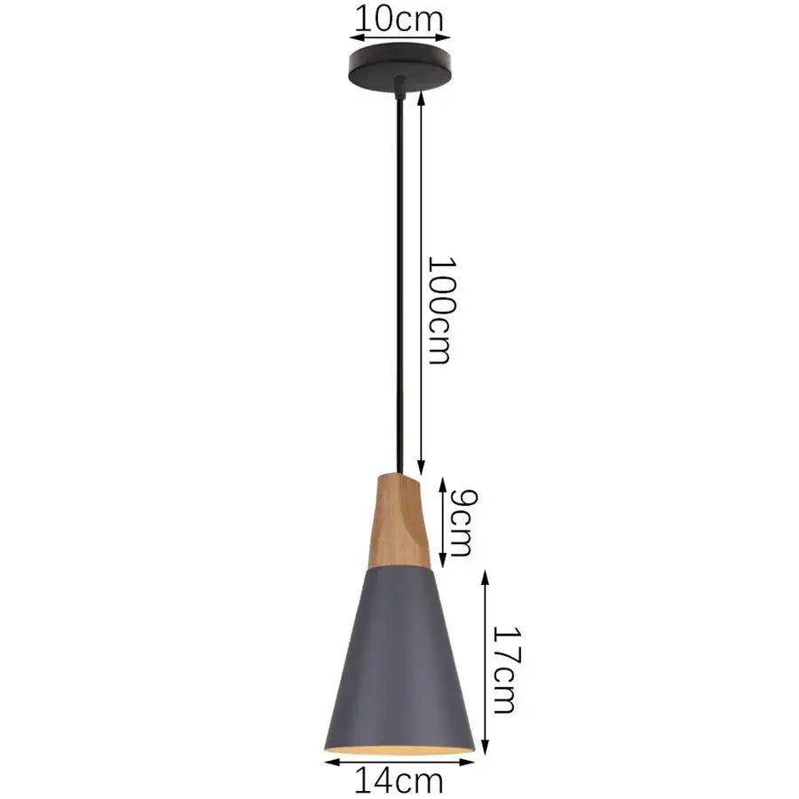 Modern industrial gray pendant light with matte black metal mount, dark gray conical shade, and natural wood top for living room decorbites industrial gray