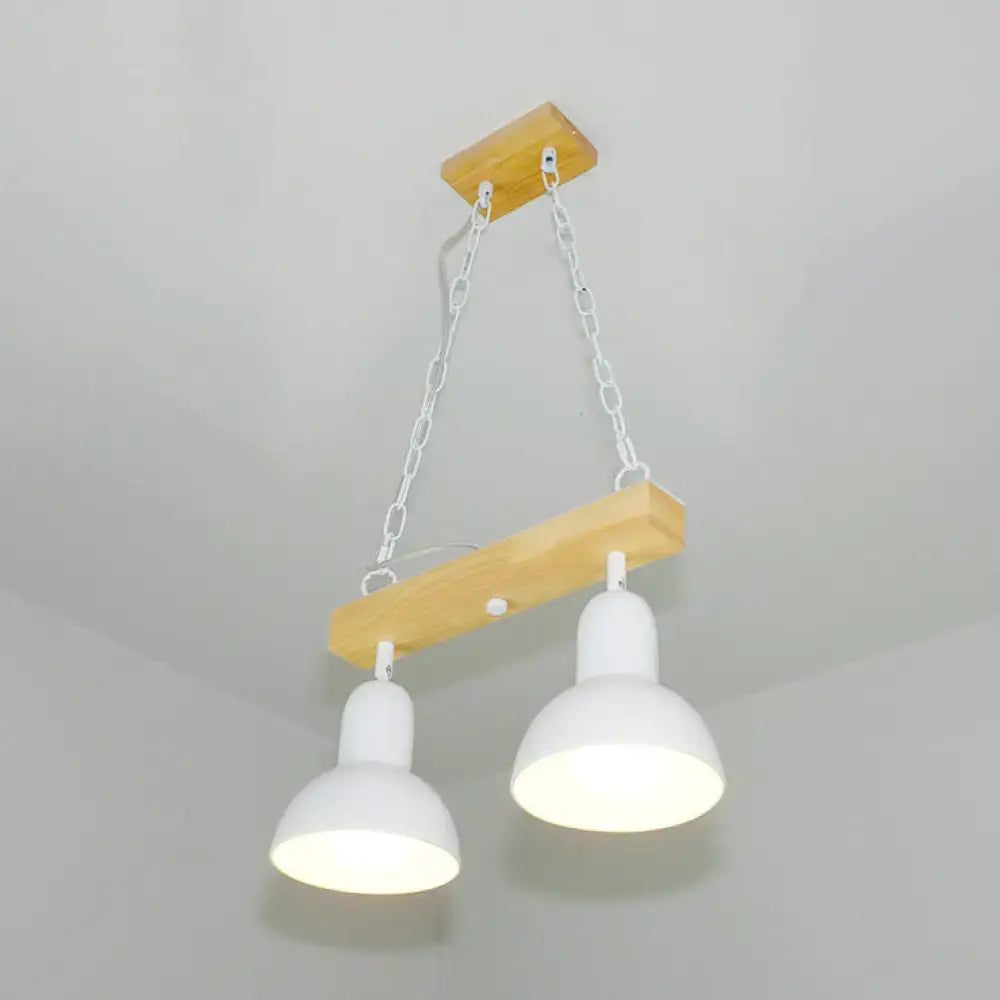 Decorbites modern white island light with two exposed bulbs and wooden mounting bracket for dining table use