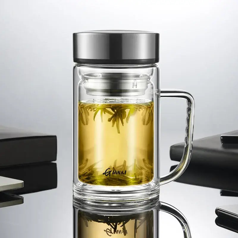 Modern insulated clear double-walled glass tea cup with stainless steel lid handle and gianxi brand for glass tea use
