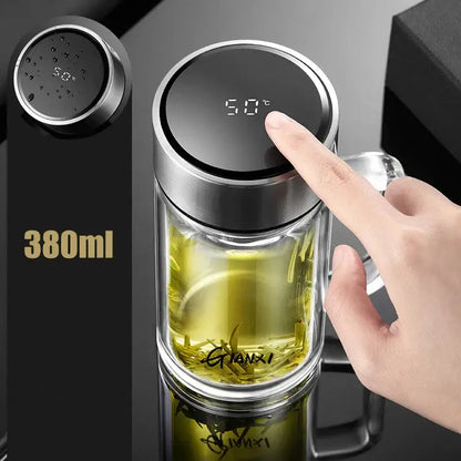 Modern insulated glass tea cup with stainless steel lid and led temperature display showing 5.0°c for precise tea brewing