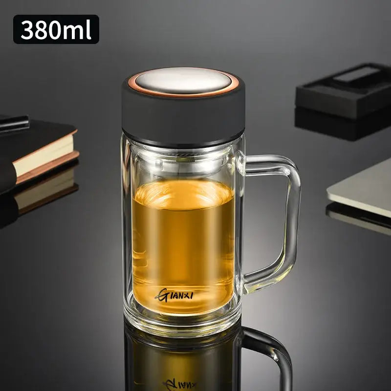 380ml modern insulated glass tea cup with black lid and handle filled with amber glass tea for kitchen drinkware