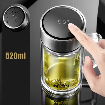 Modern insulated glass tea cup with stainless steel lid and led temperature display showing 50°C in double-walled design
