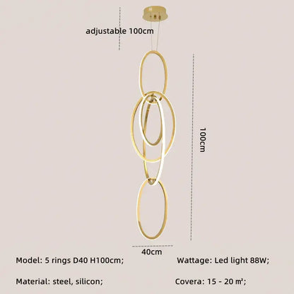 Modern interlocking oval gold wall sconce lighting fixture with five steel and silicone rings for stylish decorbites gold led decor