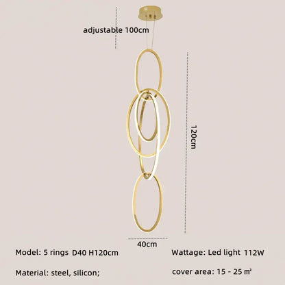 Modern interlocking oval gold wall sconce lighting fixture with five steel and silicone rings and 100cm ceiling mount decorbites gold led