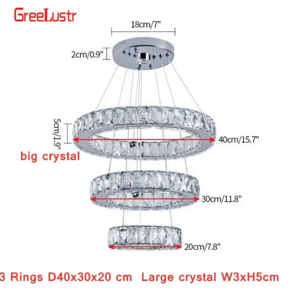Modern chrome-finished three-tiered crystal led chandelier with cascading faceted big crystal rings for living room light