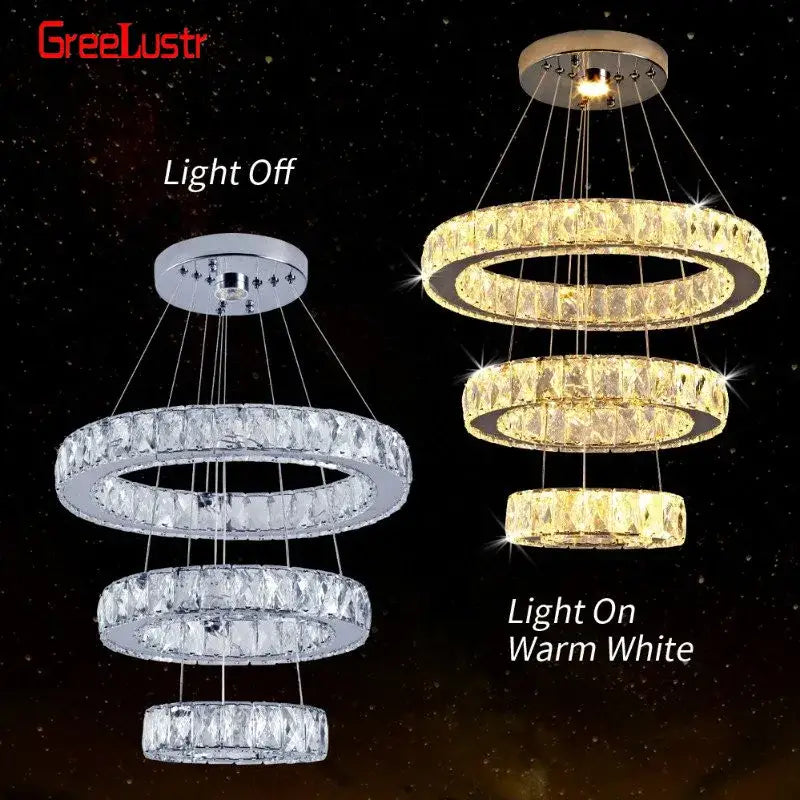 Greelustr modern interlocking ring three-tiered crystal led chandelier with clear and warm white lighting for living room