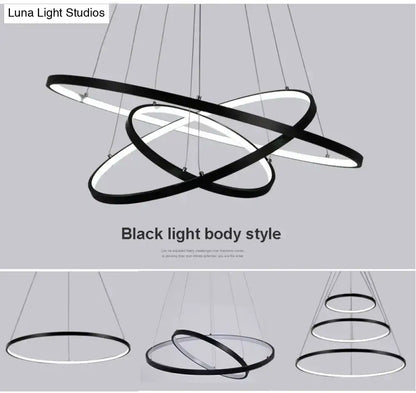 Modern black interlocking ring led pendant lights with sleek design illuminated for dining room modern pendant lights