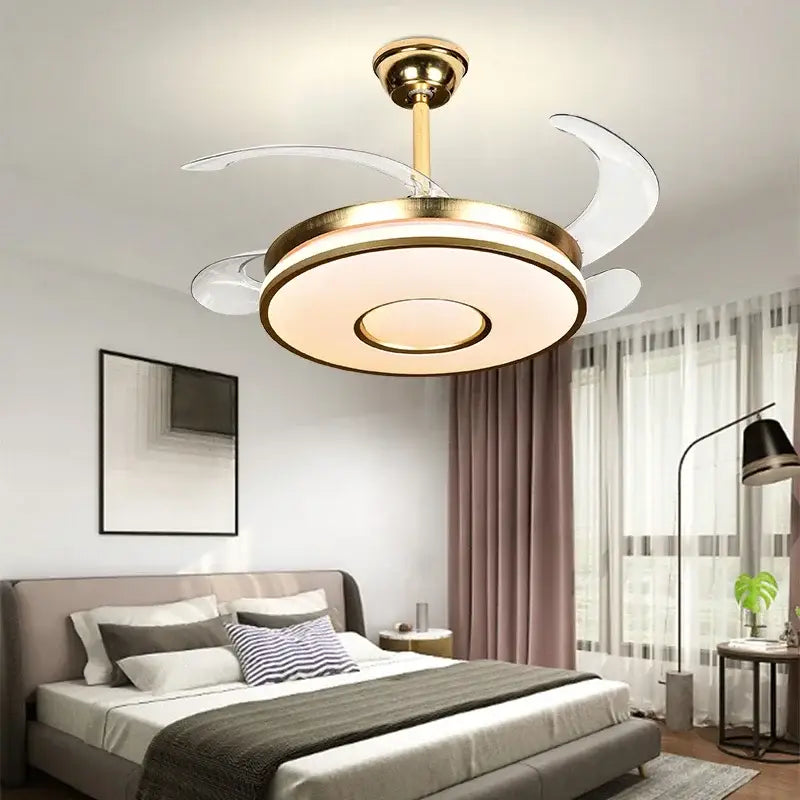 Modern decorbites invisible gold ceiling fan with integrated light and translucent white blades for living room decor