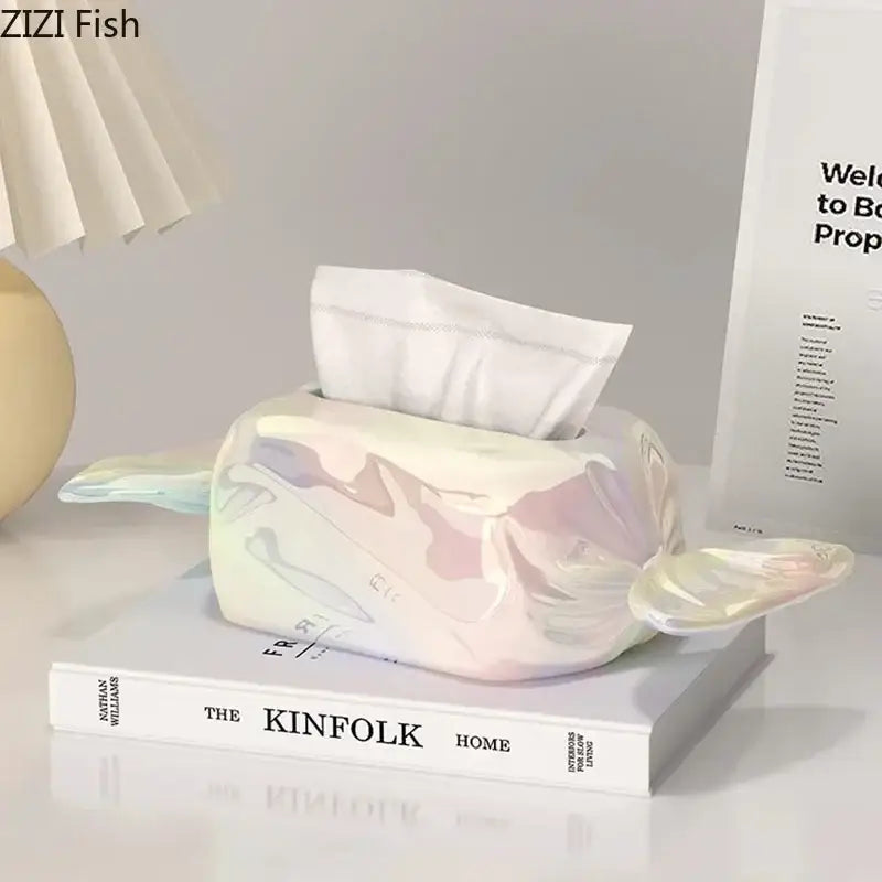 Modern iridescent dolphin-shaped tissue box cover with pearlescent finish for decorbites colorful candy living room decor