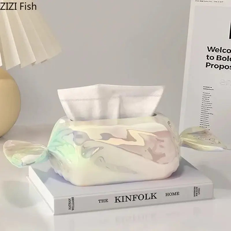 Glossy iridescent tissue box designed as a colorful candy with pastel hues and ribbon ties for decorbites colorful candy decor