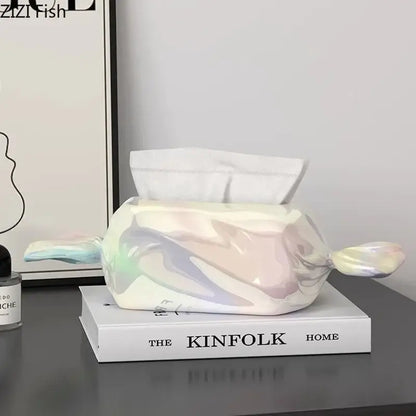 Modern iridescent holographic tissue box cover shaped like a colorful candy bar for decorbites colorful candy decor
