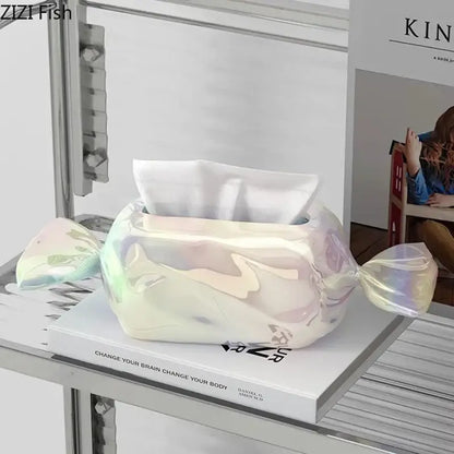 Modern iridescent colorful candy tissue box cover with glossy holographic finish for living room decor by decorbites colorful candy