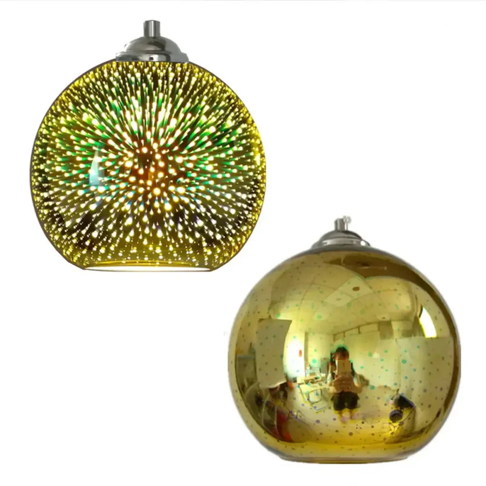 Modern iridescent colorful 3d glass pendant lights featuring golden spherical glass pendant lights with starburst patterns for dining room