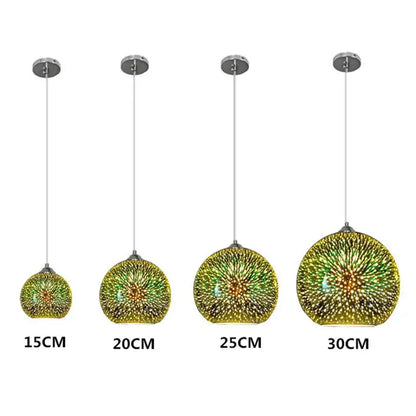 Set of four colorful 3d glass pendant lights with iridescent green and gold mosaic patterns for dining room use