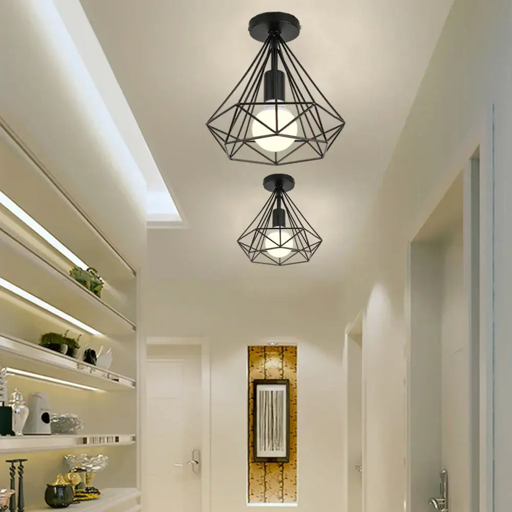 Black geometric iron cage ceiling lamp with diamond shaped metal cage design for modern kitchen decorbites iron cage