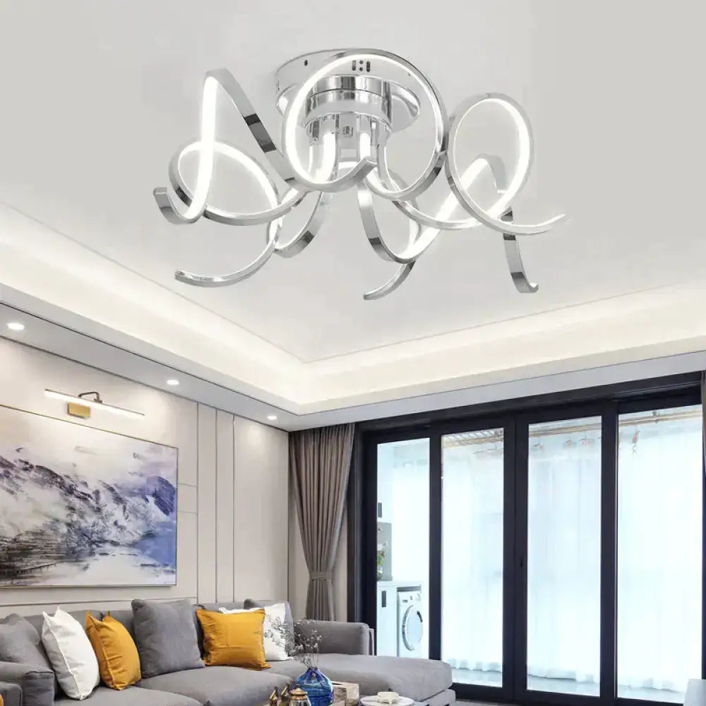 Modern iron crystal led pendant light with chrome-finished body material and sleek intertwined circular arms for bedroom foyer