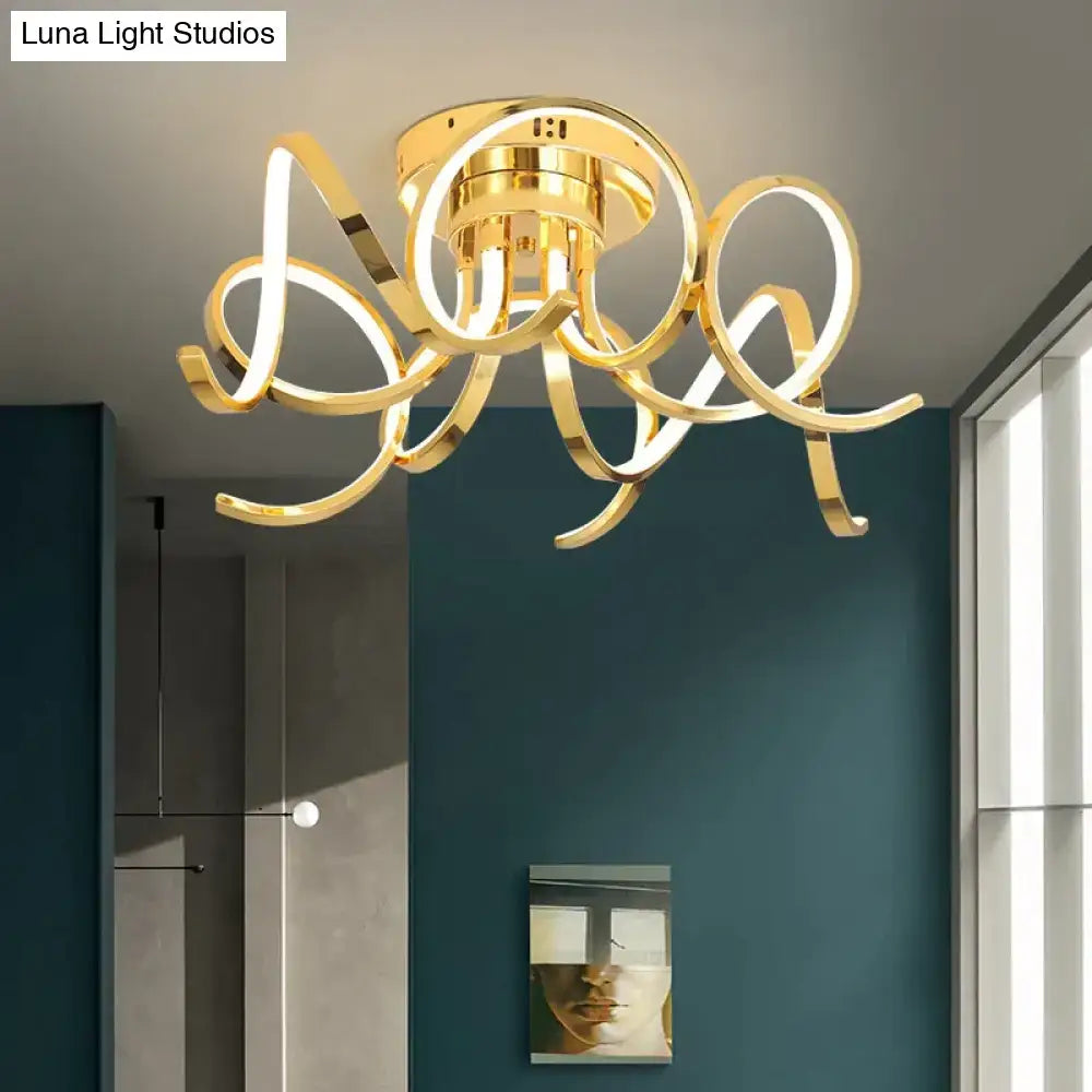 Gold-colored led modern iron pendant light fixture with sleek intertwined rings made of modern iron crystal aluminum acrylic