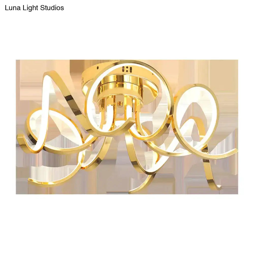 Gold-toned led modern iron crystal ceiling light fixture with sleek intertwined rings made of iron aluminum acrylic