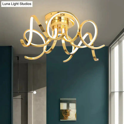 Gold-toned led modern iron ceiling light with sleek intertwined metallic rings and central circular fixture for bedroom or foyer