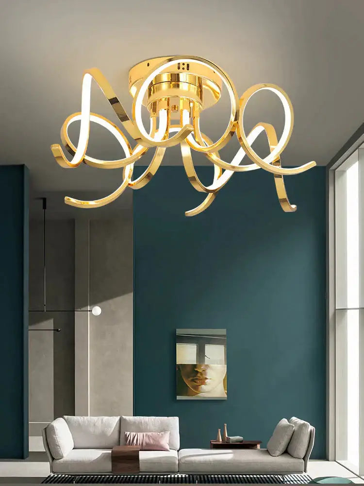 Gold-toned led modern iron chandelier with sleek intertwined light rings made of iron crystal aluminum for foyer or bedroom