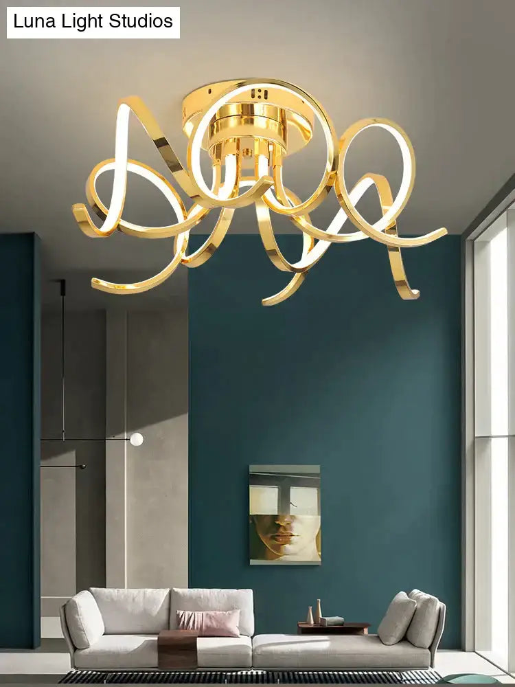 Gold-toned led modern iron pendant light with sleek intertwined ring design made of iron crystal aluminum acrylic body material
