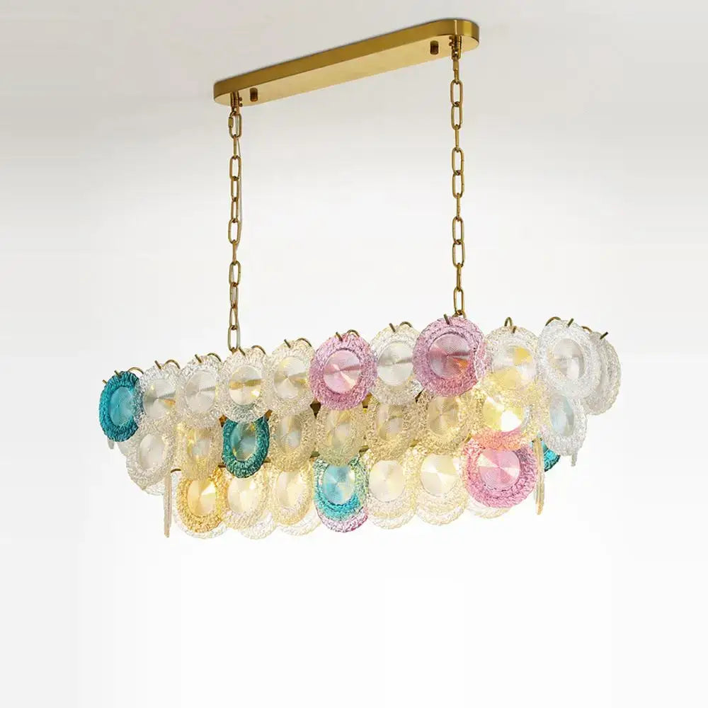 Pastel-colored glass colorized chandelier with gold-toned iron glass colorized frame and chains for modern foyer decorbites iron glass
