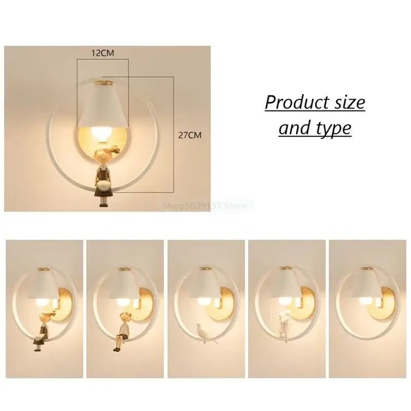 Modern iron led wall lamps with cute white lampshade gold-toned frame and child figurine for bedroom decorbites iron led wall