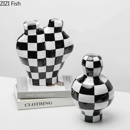 Modern irregular black and white check ceramic vase with glossy finish for stylish room decor by decorbites black white