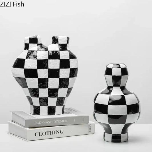 Modern irregular black and white check ceramic vases with glossy finish for room decor featuring white check pattern decorbites black white