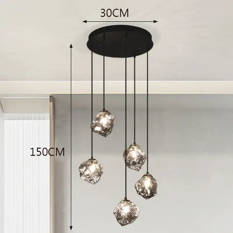 Black circular decorbites led pendant light with five irregular glass globes for indoor led pendant staircase lighting