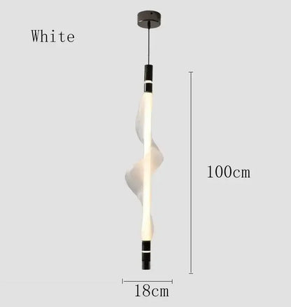 A sleek 100cm tall white led decorbites italian style pendant light with twisted design and black metallic accents for kitchen and dining room decor
