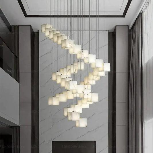 Modern jade design spiral alabaster chandelier with translucent white square panels suspended by thin cables for living room decorbites jade design