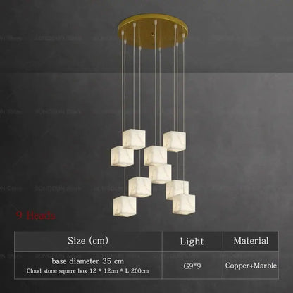 Modern jade design spiral alabaster chandelier with nine white marble cube lights and gold copper base for living room decorbites jade design