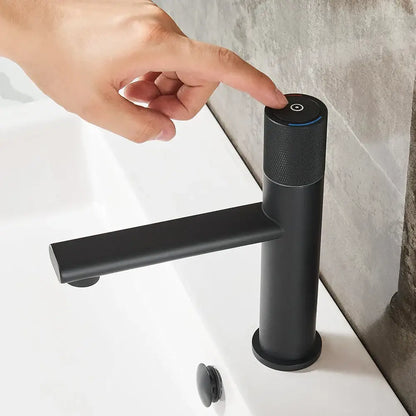 Black matte finish touchless bathroom faucet with textured grip and blue illuminated button for decorbites gold single handle mixer