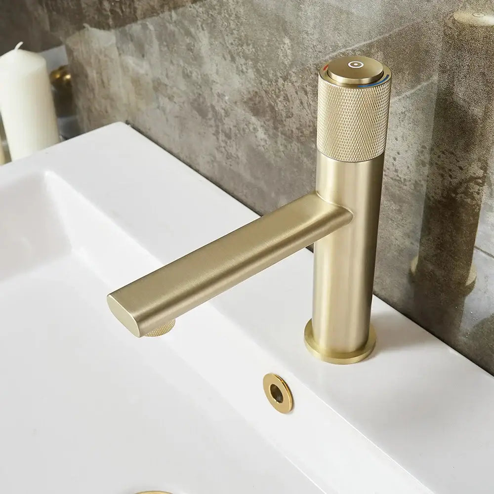 Modern knurled gold single handle bathroom faucet mixer with brushed gold finish and textured knurled handle decorbites gold single